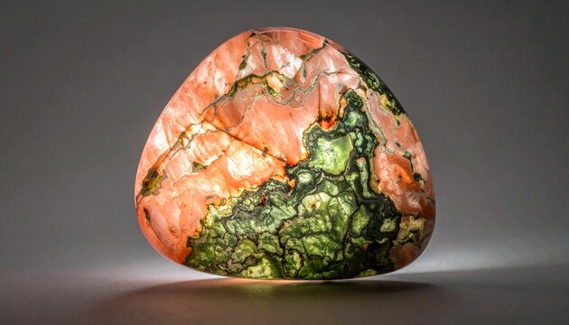 Polished agate stone slice with natural patterns on dark background