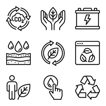 Outline icons illustrating co2 reduction sustainable practices battery power with carbon dioxide recycling collection