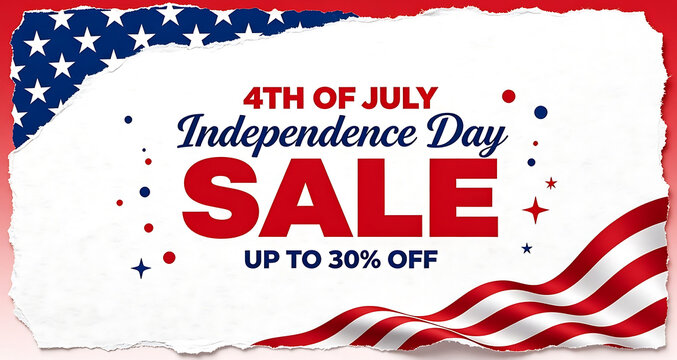 4th of July Independence Day sale banner with torn paper and US flag
