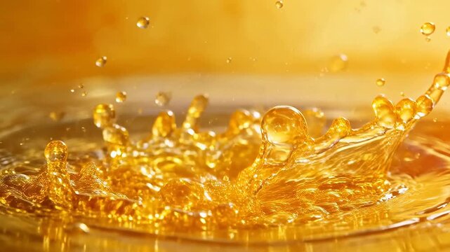 Golden liquid splash with floating bubbles and water droplets on warm background