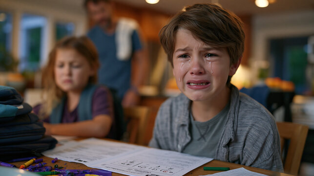 Two children at a kitchen table, backpacks stacked high, scattered worksheets and broken crayons everywhere, one crying over a math page, a tired dad standing nearby with a dish towel over his shoul