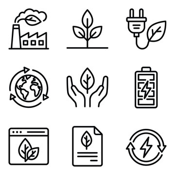 Set of linear icons for environmental protection and clean energy concepts with environment protection industry