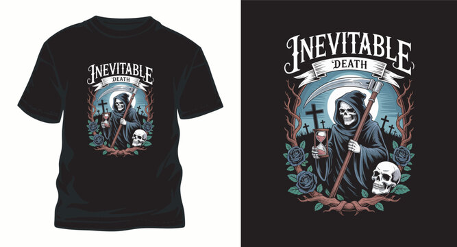 Grim reaper t shirt design with scythe and hourglass.