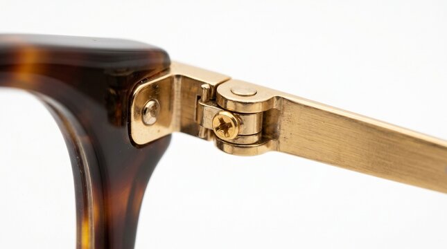Close-up of tortoise shell glasses hinges and gold frame detail
