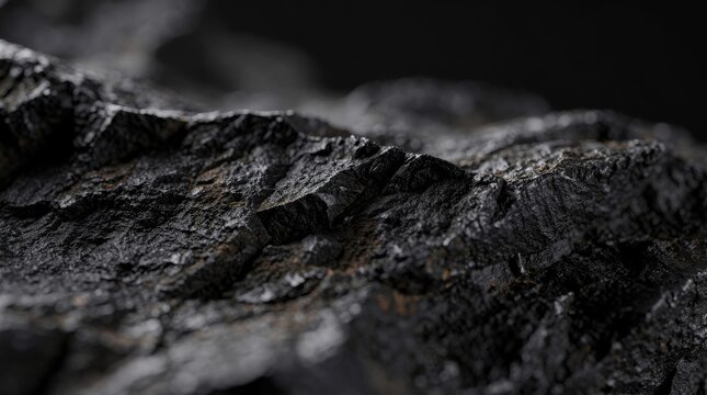 A dramatic macro photo of a piece of black coal. The rugged, jagged texture and sharp details of the raw mineral are highlighted against a dark background.