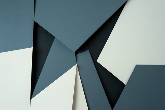 Abstract geometric composition with overlapping paper sheets in blue and white