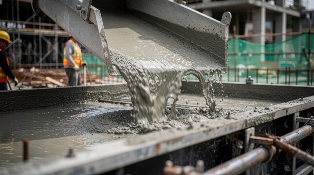 Wet concrete pours from a metal chute into a foundation formwork at an active construction site with workers nearby.