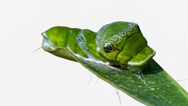 macro, close up, butterfly caterpillar from the papilionidae family, its shape deliberately imitates the head of a green snake with a black stripe pattern on its head.