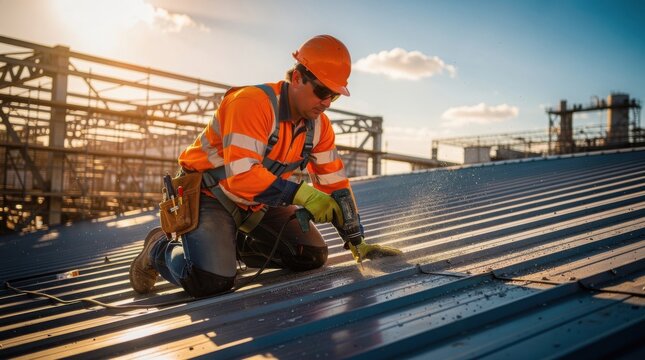 A construction worker in safety gear uses a power drill to install a metal roof on a building at an industrial site.