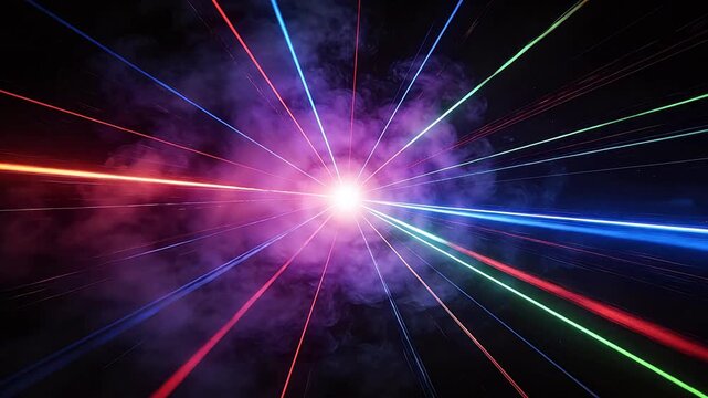 Colorful light explosion with radial beams and surrounding nebula clouds
