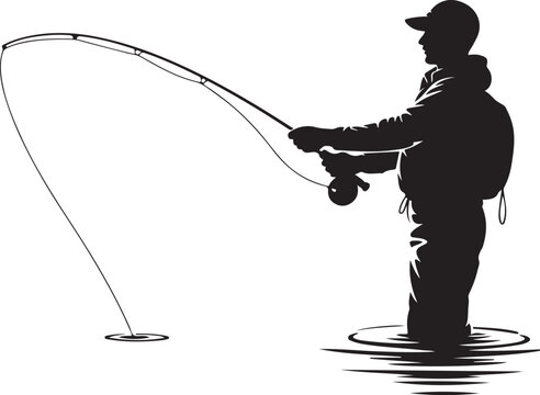 Fly fisherman silhouette holding fishing rod vector illustration isolated on white background.