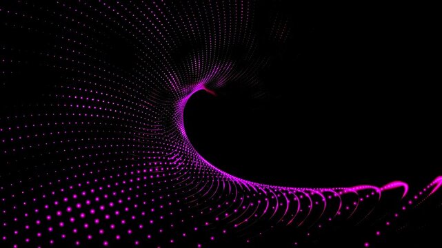 Pink particle vortex of glowing dots swirling in a graceful curve against a black background.