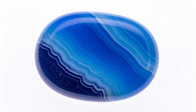 Blue agate stone slice with natural white banding patterns on white background
