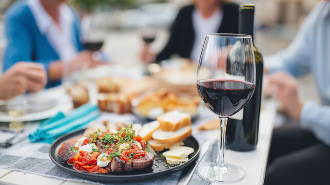 People enjoy food and wine at Ribe Wine Festival event with a glass and bottle