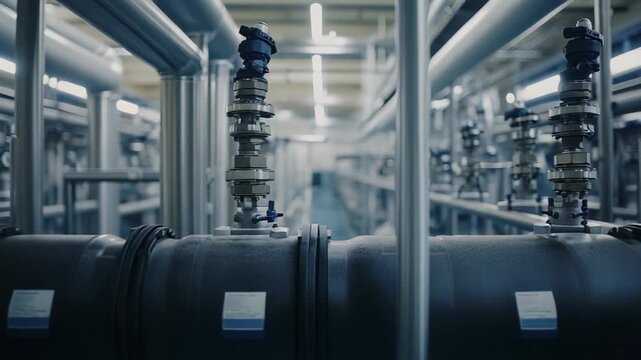 Industrial filtration pipes with clear liquid flowing through a advanced water purification system, highlighting clean technology in a modern facility