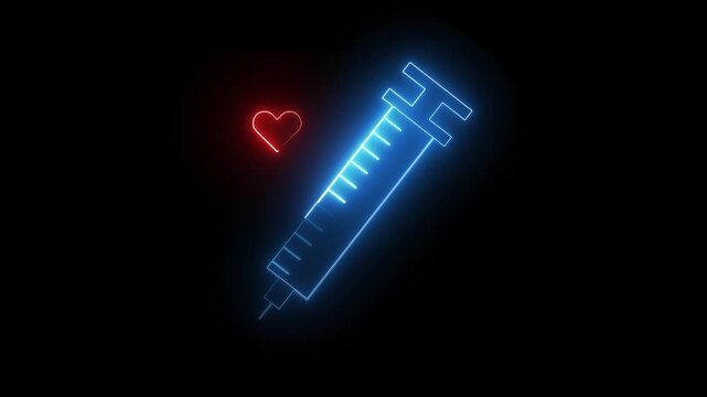 Neon syringe and heart symbols for medical health. Neon syringe icon for vaccination and healthcare. Neon syringe animation for medical treatment concept.