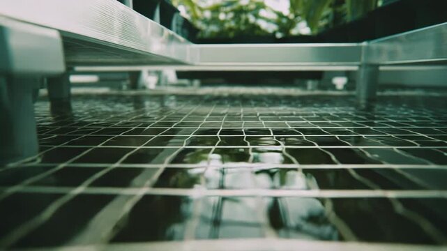 Grid pattern on a wet floor reflecting light and plants from an overhead structure, creating an abstract view of controlled agriculture or hydroponic systems