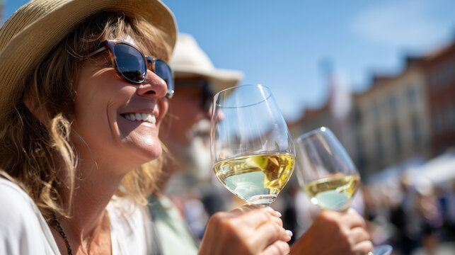 People enjoy wine glasses at Ribe Wine Festival outdoors