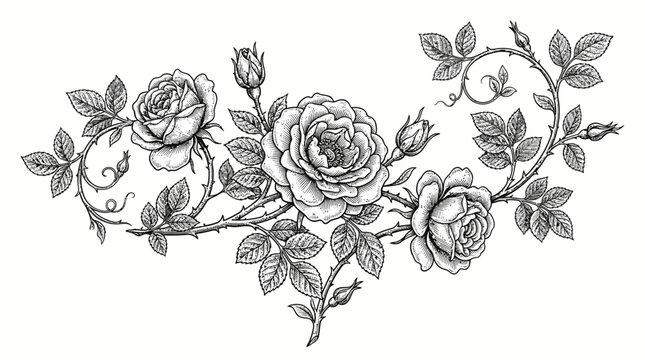Elegant Hand-Drawn Rose Garland Border with Blooming Flowers, Buds, and Leaves on Isolated White Background
