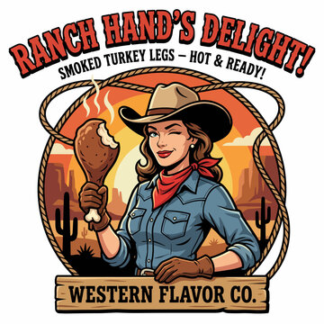 An engaging and lively logo design for Ranch Hand&rsquo;s Delight, showcasing a female figure with smoked turkey legs, representing a western culinary experience.