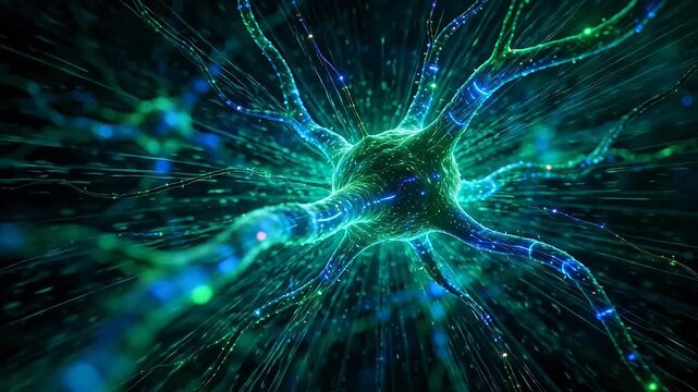 Glowing blue neurons with dendrites and axons in dark background representing neural network