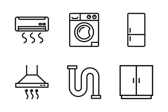 Set of home appliance and kitchen icons with washing machine air conditioner appliance refrigerator furniture