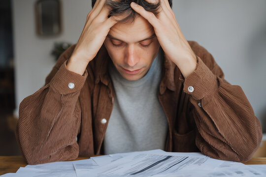 Stressed Young Man Reviewing Legal and Financial Documents at Home Table