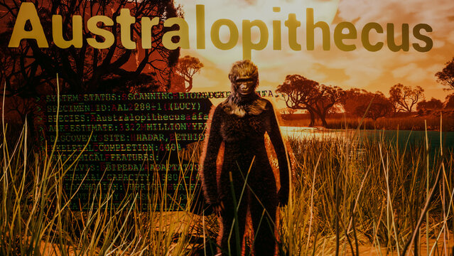 Australopithecus Afarensis Scientific Data Overlay on Prehistoric Hominid in Savannah Field, Early Human Ancestor Lucy Analysis Interface, 3D Render Illustration