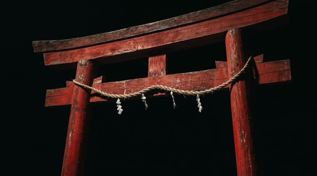 漆黒の闇に浮かび上がる日本の伝統美。風化した木肌と注連縄が醸し出す、神聖で緊張感漂う鳥居のクローズアップ写真