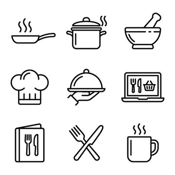 Culinary icons set: cooking and dining elements with restaurant computer shopping appetizer illustration collection