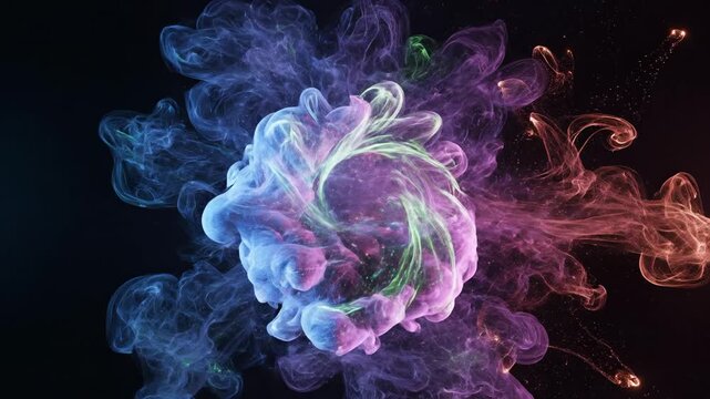 Abstrak Asap Warna Neon. Gambar menampilkan formasi asap abstrak berwarna biru, ungu, dan merah muda dengan sedikit aksen hijau di latar belakang hitam pekat, menciptakan kesan modern, futuristik, dan