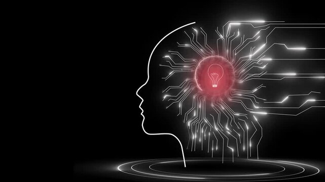 White outline head with glowing light bulb circuit brain. White outline head for creative idea and AI. White outline head animation for innovation.