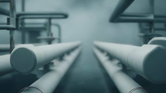 Heavy industrial pipeline system conveying fluids or gas, featuring multiple valves, flanged joints, and bolts creating a robust infrastructure for energy and manufacturing