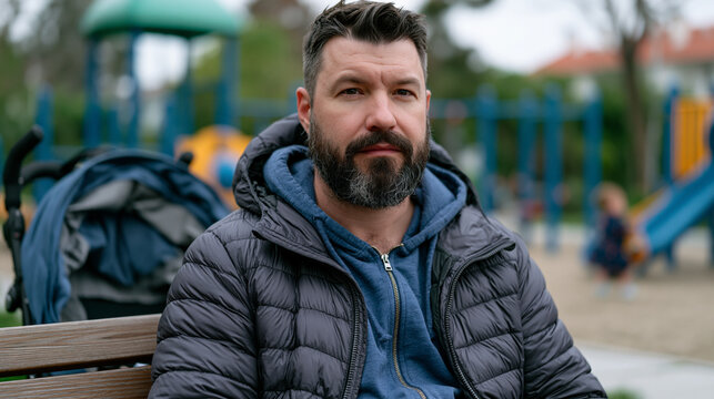Stay-at-home dad at a playground bench, stroller beside him, toddler shrieking at a distance, while he holds a half-eaten sandwich and stares into middle distance with exhausted calm, overcast sky m