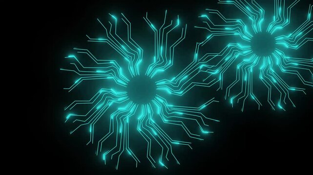 Dual cyan neon circuit board orbs technology. Dual cyan circuit for futuristic energy and data. Dual cyan circuit animation for scientific concept.