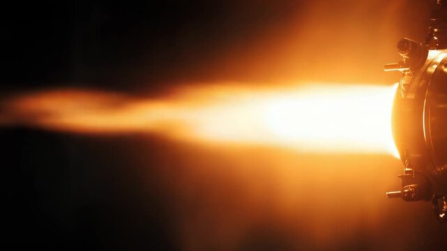 Spacecraft rocket engine igniting in a lab test, unleashing bright orange flame and incandescent exhaust as high temperature thrust powers experimental aerospace propulsion research and development