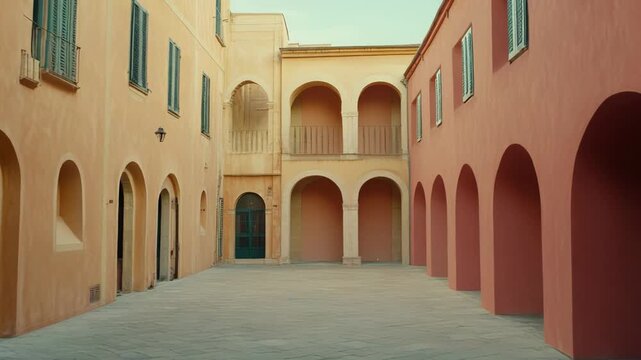 Historic courtyard features arches, windows, and doors along traditional architectural facades, creating a tranquil atmosphere with pastel colored plastered walls and stone paving