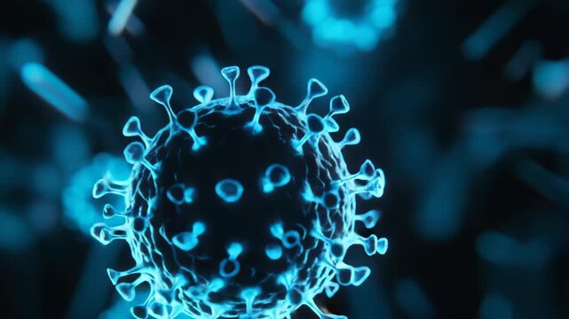 Coronavirus cell structure detailed in vibrant blue, depicting a microscopic view of the global pandemic disease and its viral threat to health and medical science