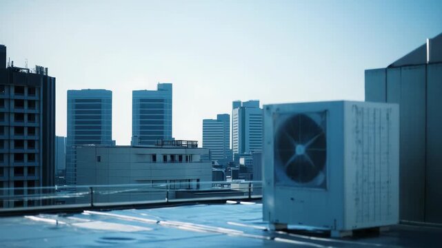 Commercial air conditioning equipment working to regulate building temperature on a flat roof, providing essential cooling and ventilation for urban structures under a bright sky