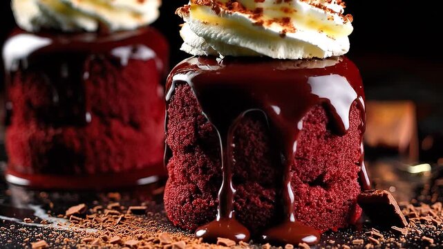 Two Mini Red Velvet Cakes with Whipped Cream and Cherries Chocolate Ganache Drip on Black Marble Luxury Dessert Food Advertisement Close Up Macro 8k Generative AI Video