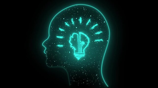 Teal neon head silhouette with light bulb idea. Teal neon head for digital creativity and AI. Teal neon head animation for smart innovation.