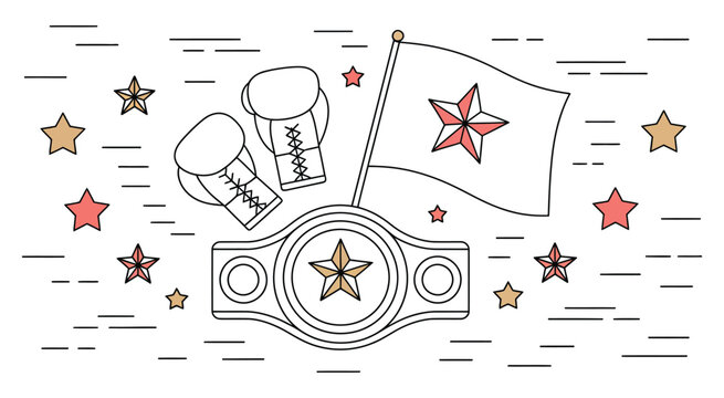 illustration of boxing gloves, championship belt, and flags symbolizing victory and competition in boxing, conceptual sports ranking achievement, champion success, tournament prize, athletic honor