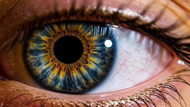 Macro shot of a human eye with blue and gold iris and visible blood vessels, detailed lashes
