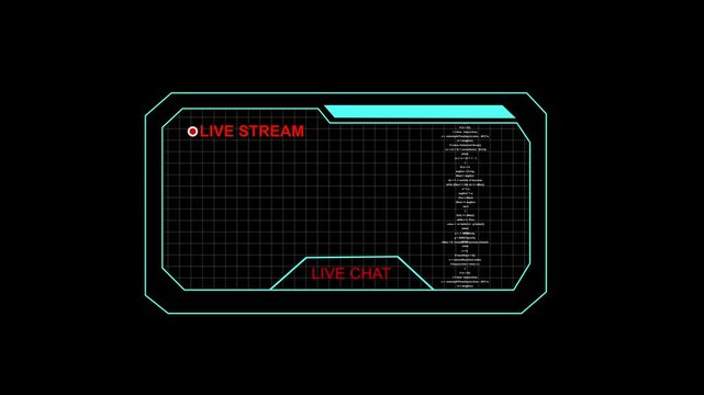 Neon blue live stream and chat with data. Neon blue live stream for futuristic gaming. Neon blue live stream animation for web broadcast.