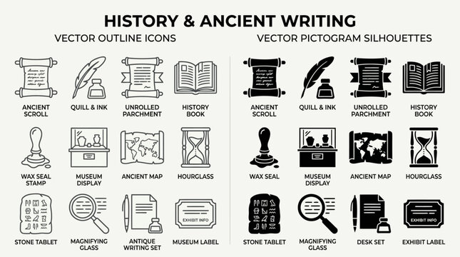 History and Ancient Writing Vector Icons and Pictogram Silhouettes Art