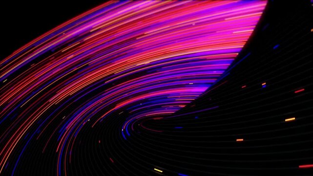 Colorful spiral trails of neon light data points rotating in a fast-paced 3D vortex animation.