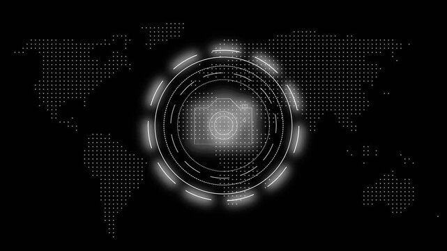 World map with camera icon and digital overlay. World map for global surveillance and monitoring. World map animation for international security.