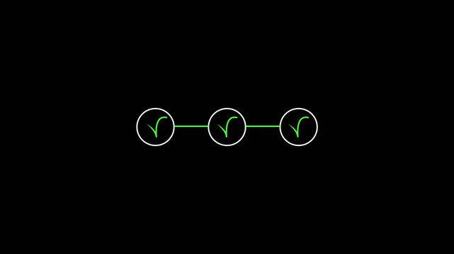 Three white circles with green check marks connected. Three white circles for completed task list. Three white circles animation for success steps.