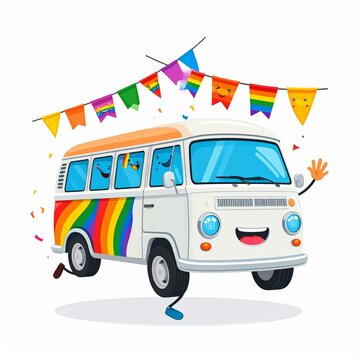 Colorful painted bus waving hand with festive bunting decorations
