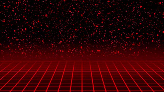 Red grid floor and particle nebula background. Red grid for retro futuristic digital space. Red grid animation for abstract sci-fi motion.